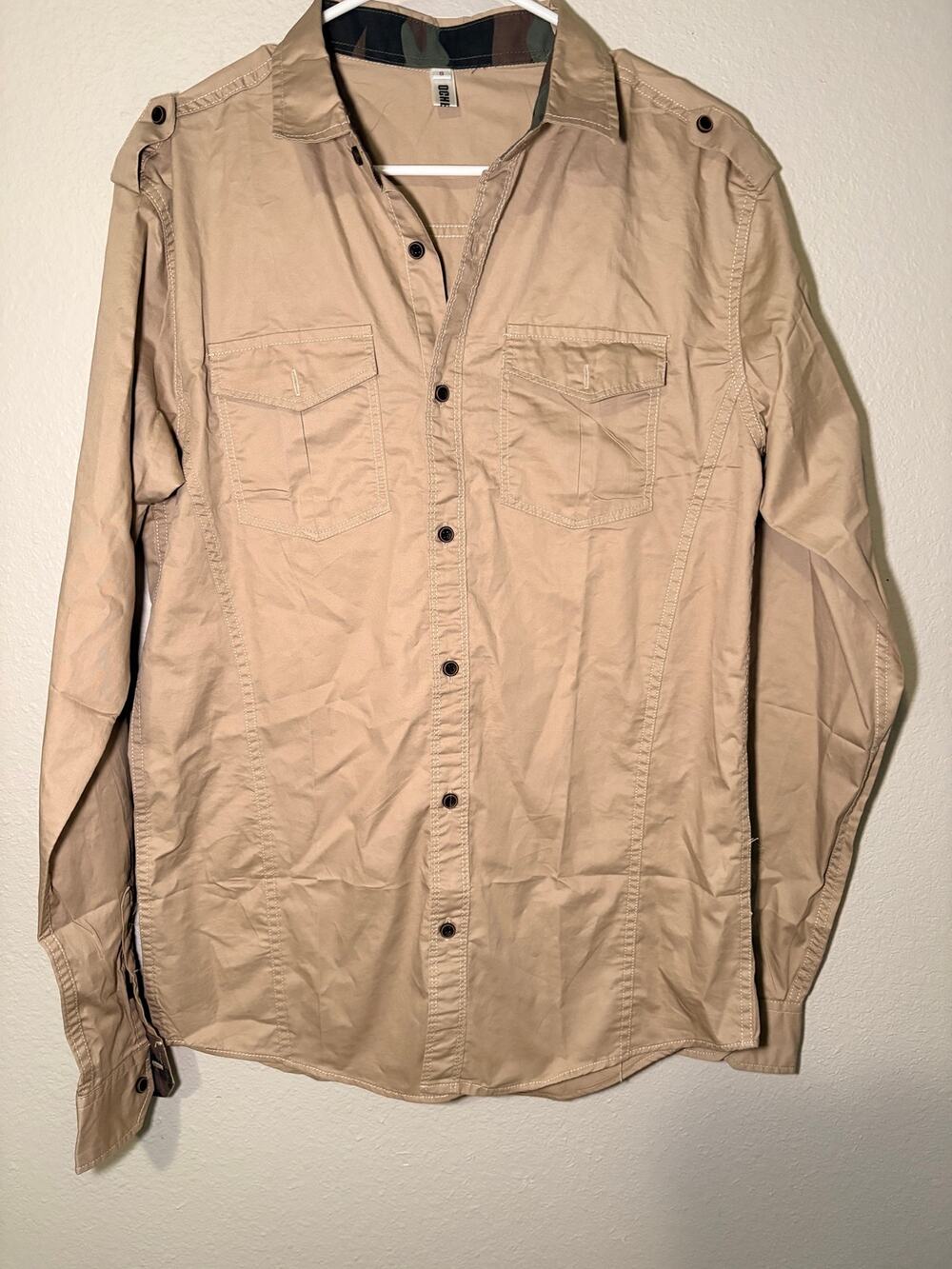 Men's Khaki Tan Military Cargo Button Up Shirt w/ Camo Trim - Size Small